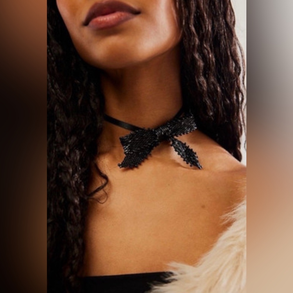 NEW Free People Backstage Pass Bow Choker in Black Glass Sequin Coquette Glam